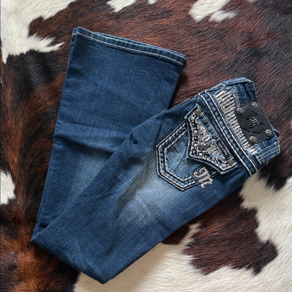 Miss Me Dark Blue Flare Jeans with Embellished Pockets